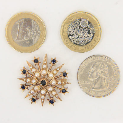 Vintage 9ct Hallmarked Yellow Gold Sapphire Seed Pearl Star Pendant Brooch