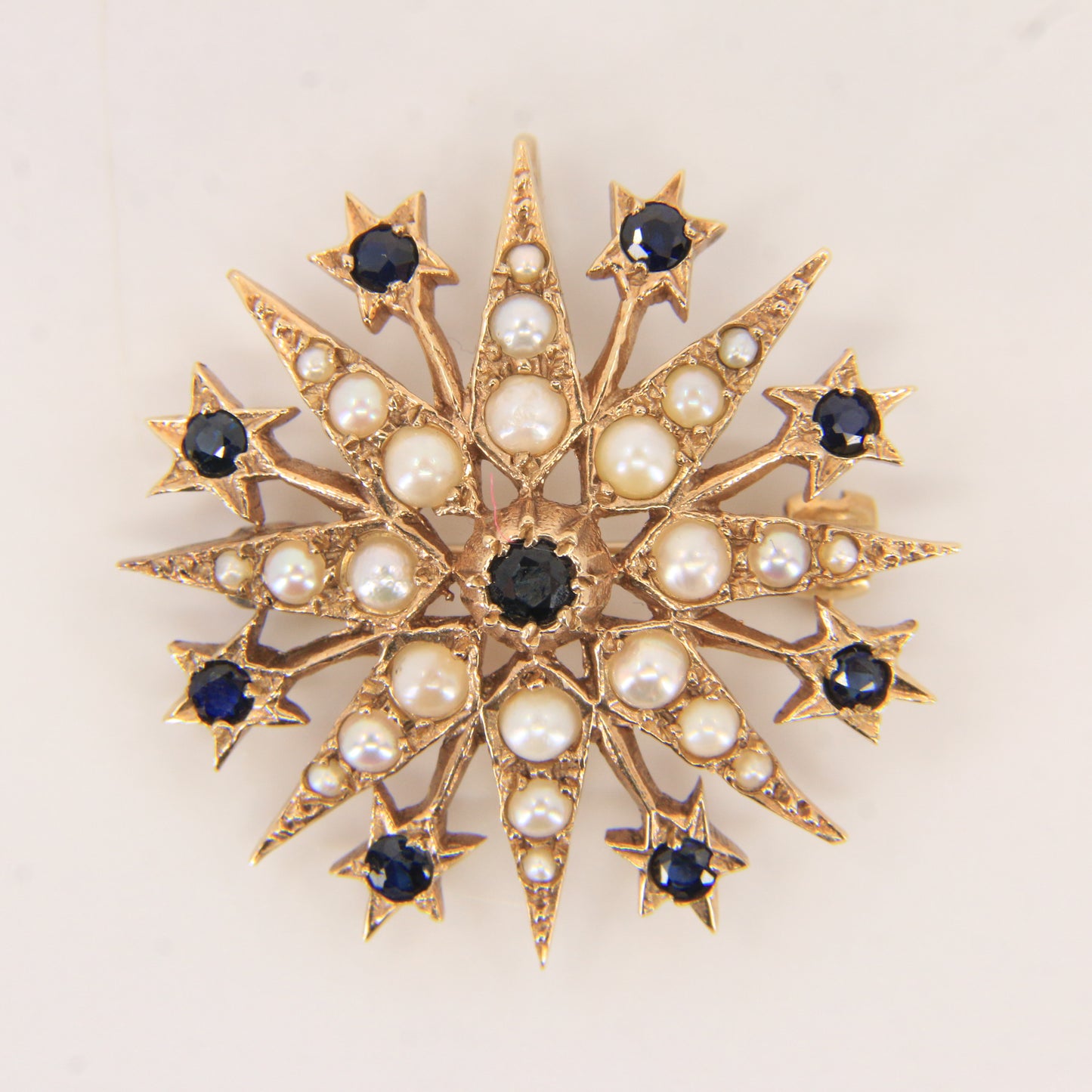 Vintage 9ct Hallmarked Yellow Gold Sapphire Seed Pearl Star Pendant Brooch