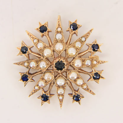 Vintage 9ct Hallmarked Yellow Gold Sapphire Seed Pearl Star Pendant Brooch