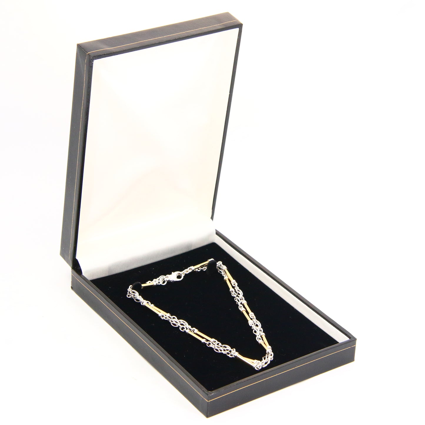 Vintage 9ct Yellow & White Gold Chain Barrel Necklace 24 INCH Art Nouveau Boxed Gift