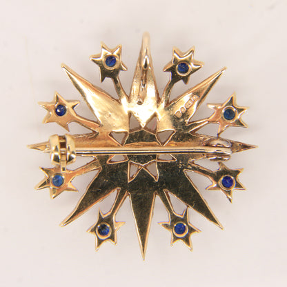 Vintage 9ct Hallmarked Yellow Gold Sapphire Seed Pearl Star Pendant Brooch