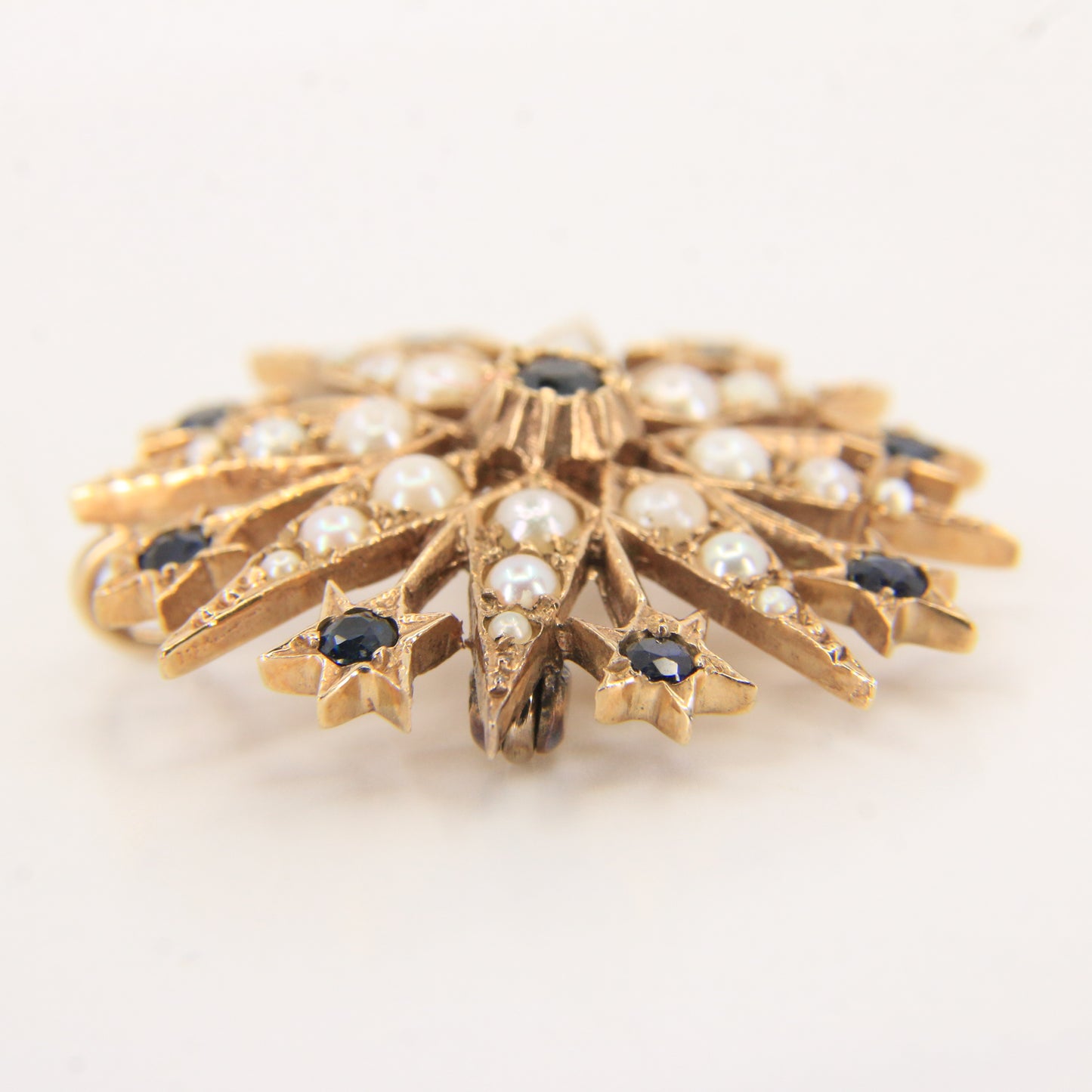 Vintage 9ct Hallmarked Yellow Gold Sapphire Seed Pearl Star Pendant Brooch