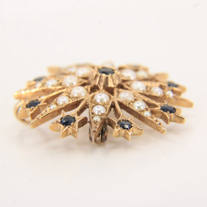 Vintage 9ct Hallmarked Yellow Gold Sapphire Seed Pearl Star Pendant Brooch