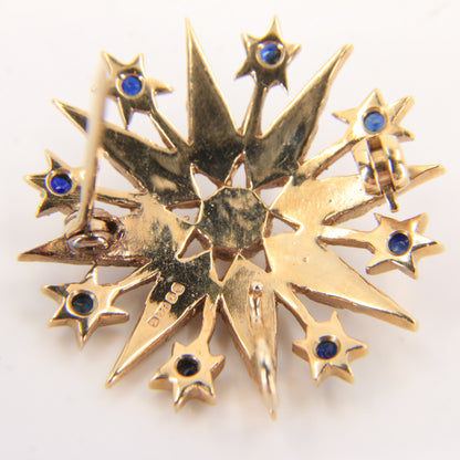 Vintage 9ct Hallmarked Yellow Gold Sapphire Seed Pearl Star Pendant Brooch
