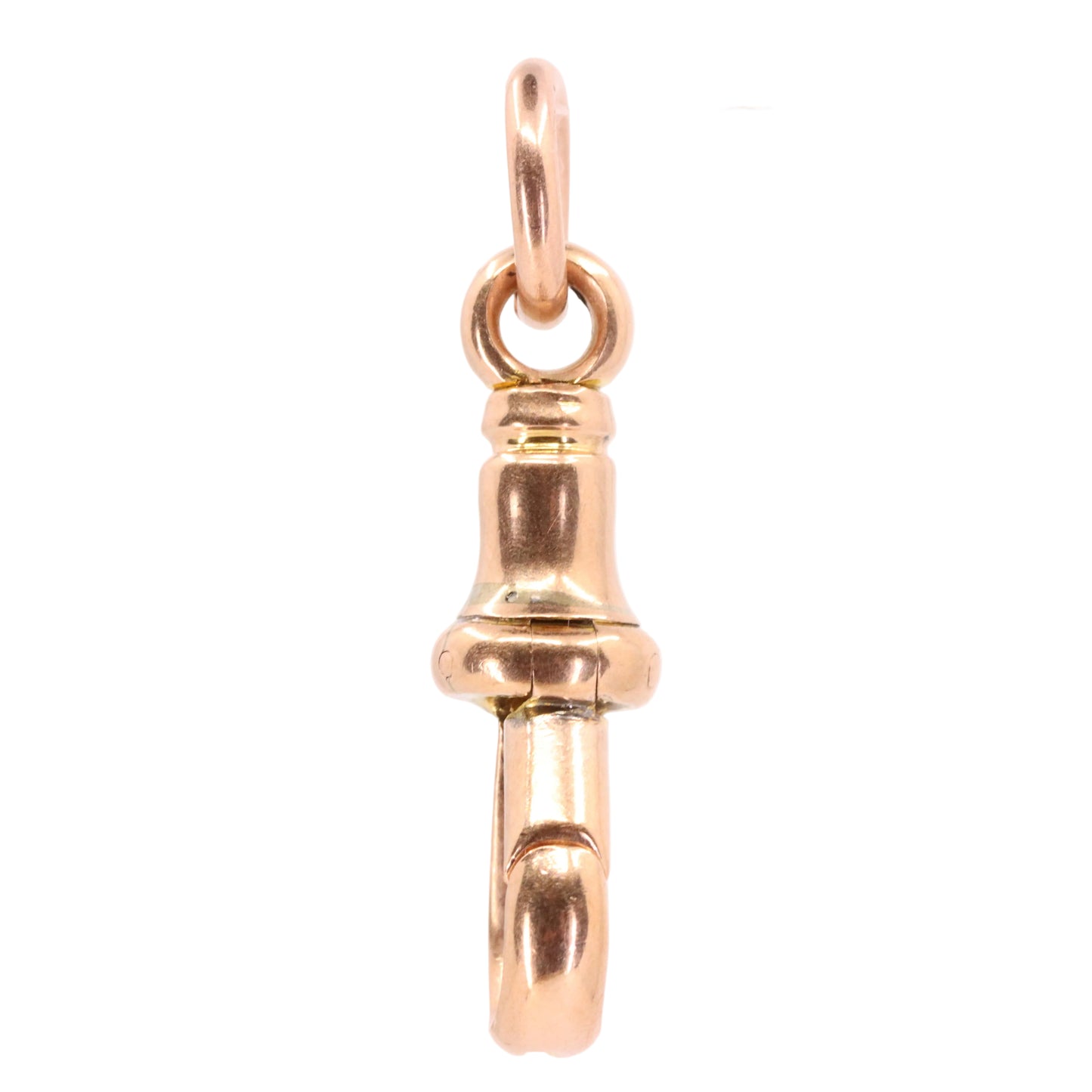 A polished rose gold pendant charm shaped like a miniature bell or bell-shaped ornament, suspended from a fine wire against a plain white background.