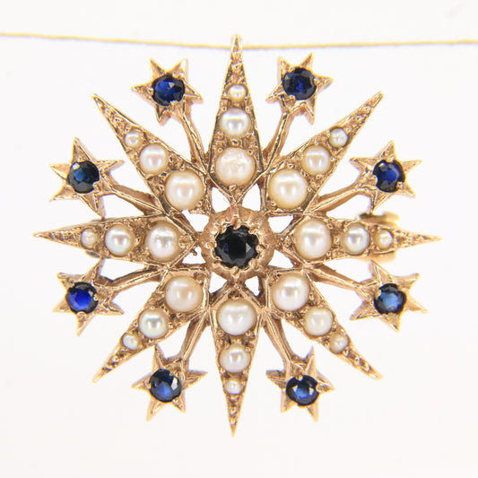 Vintage 9ct Hallmarked Yellow Gold Sapphire Seed Pearl Star Pendant Brooch