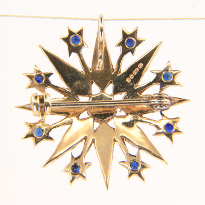 Vintage 9ct Hallmarked Yellow Gold Sapphire Seed Pearl Star Pendant Brooch
