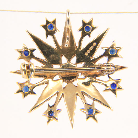 Vintage 9ct Hallmarked Yellow Gold Sapphire Seed Pearl Star Pendant Brooch