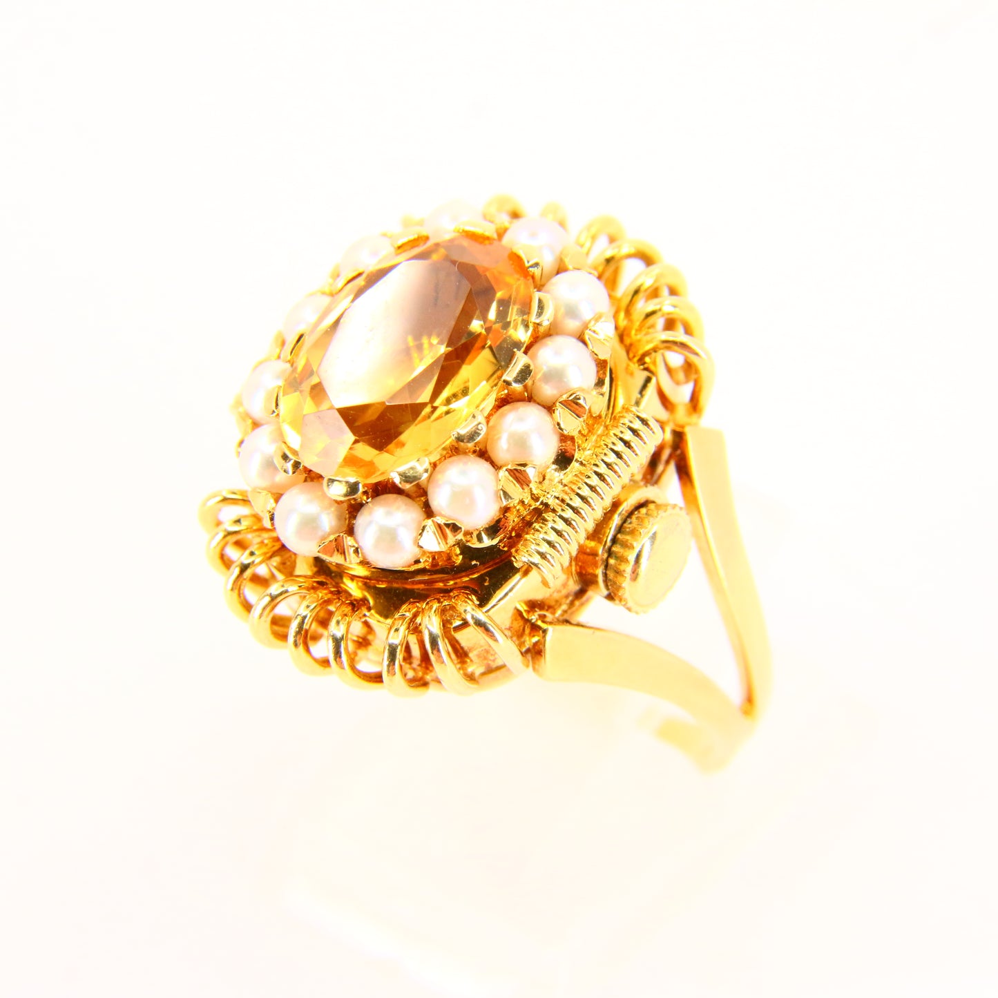 Vintage 18ct EMKA Ring Watch Citrine Pearl Set Sized M 1/2 Yellow Gold Boxed