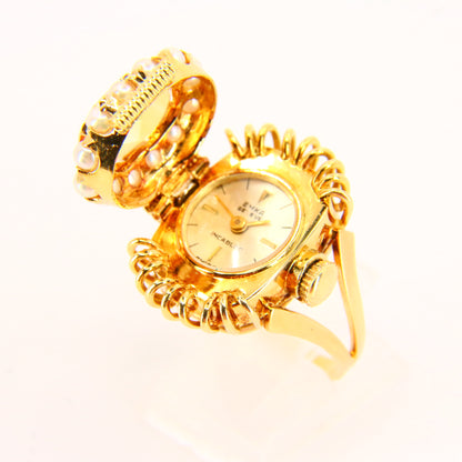 Vintage 18ct EMKA Ring Watch Citrine Pearl Set Sized M 1/2 Yellow Gold Boxed