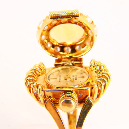 Vintage 18ct EMKA Ring Watch Citrine Pearl Set Sized M 1/2 Yellow Gold Boxed