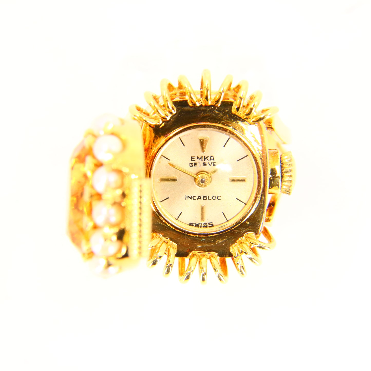 Vintage 18ct EMKA Ring Watch Citrine Pearl Set Sized M 1/2 Yellow Gold Boxed