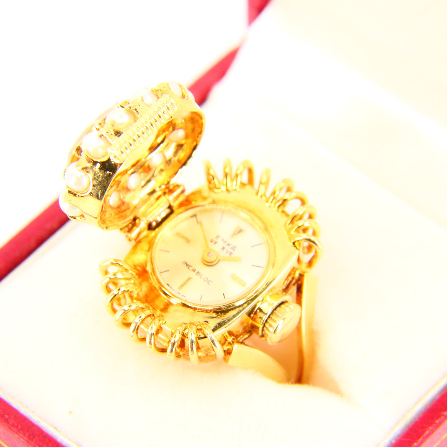 Vintage 18ct EMKA Ring Watch Citrine Pearl Set Sized M 1/2 Yellow Gold Boxed