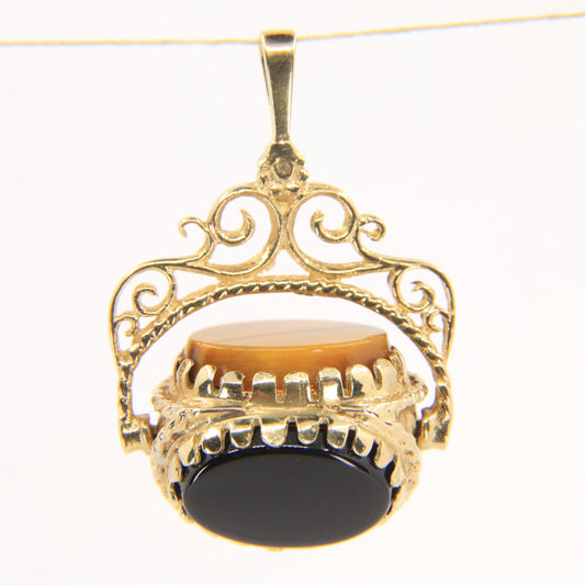 Vintage 9ct Hallmarked Gold Triple Spinner Pendant Tigers Eye Carnelian Onyx