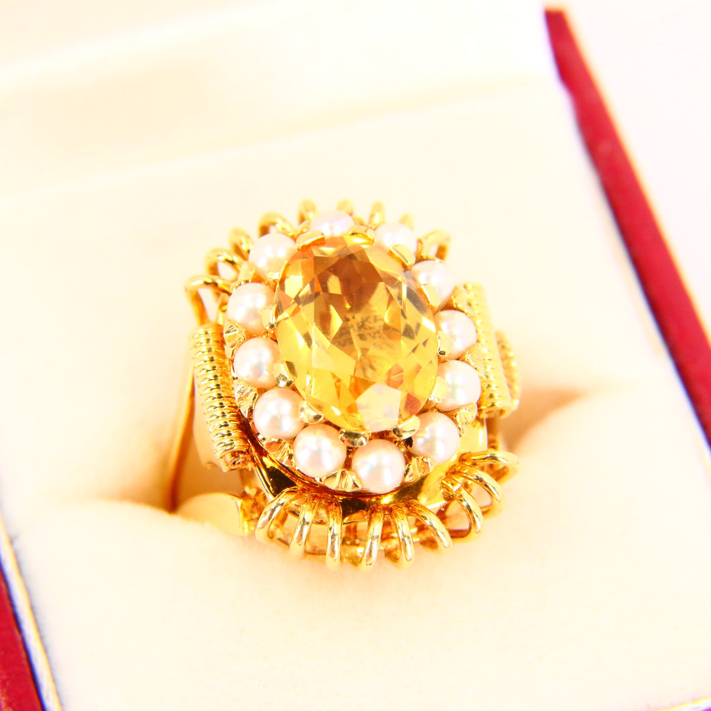 Vintage 18ct EMKA Ring Watch Citrine Pearl Set Sized M 1/2 Yellow Gold Boxed