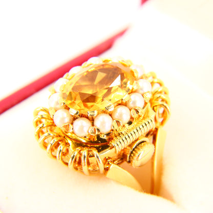 Vintage 18ct EMKA Ring Watch Citrine Pearl Set Sized M 1/2 Yellow Gold Boxed