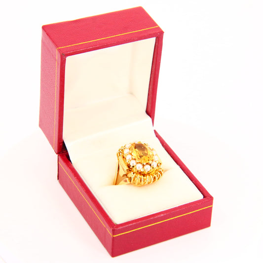 Vintage 18ct EMKA Ring Watch Citrine Pearl Set Sized M 1/2 Yellow Gold Boxed