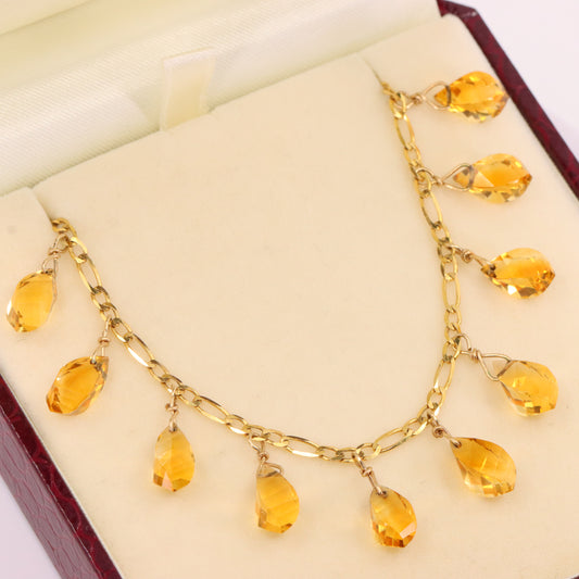Vintage 9ct Hallmarked Gold 18 inch Citrine Drop Chain Necklace Boxed Gift