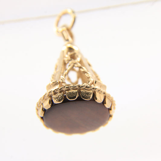 Vintage 9ct Hallmarked Yellow Gold Tigers Eye Drop Fob Pendant Ornate Charm Gift