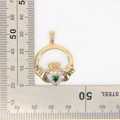 Vintage 9ct Gold Hallmarked Claddagh Pendant CZ & Green Jadeite Heart