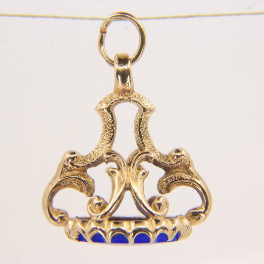 Vintage 9ct Hallmarked Yellow Gold Blue Agate Drop Fob Pendant Ornate Charm Gift