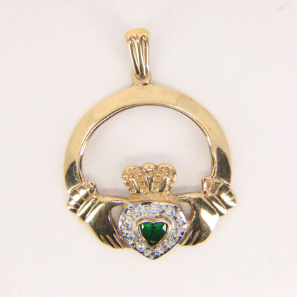 Vintage 9ct Gold Hallmarked Claddagh Pendant CZ & Green Jadeite Heart