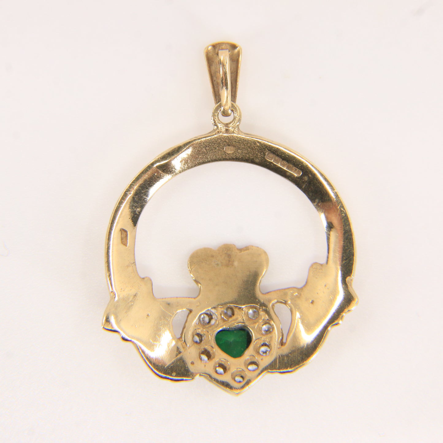 Vintage 9ct Gold Hallmarked Claddagh Pendant CZ & Green Jadeite Heart