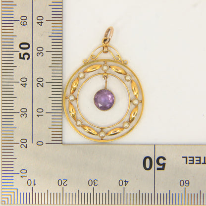 Antique 9ct Gold Edwardian Amethyst Seed Pearl Circle Drop Pendant Charm