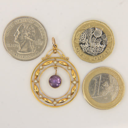 Antique 9ct Gold Edwardian Amethyst Seed Pearl Circle Drop Pendant Charm