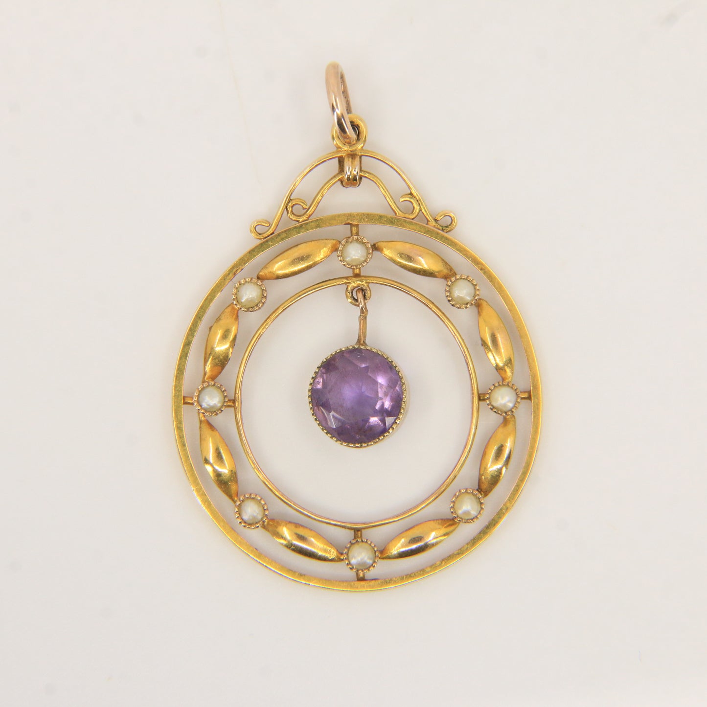 Antique 9ct Gold Edwardian Amethyst Seed Pearl Circle Drop Pendant Charm