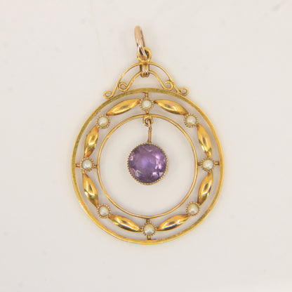 Antique 9ct Gold Edwardian Amethyst Seed Pearl Circle Drop Pendant Charm