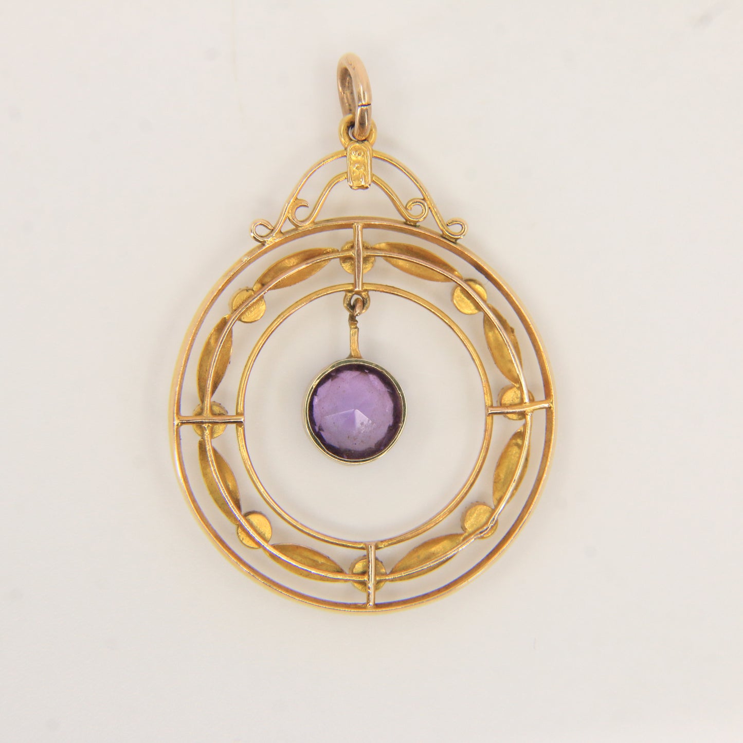 Antique 9ct Gold Edwardian Amethyst Seed Pearl Circle Drop Pendant Charm