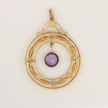 Antique 9ct Gold Edwardian Amethyst Seed Pearl Circle Drop Pendant Charm