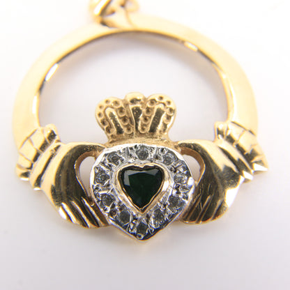 Vintage 9ct Gold Hallmarked Claddagh Pendant CZ & Green Jadeite Heart