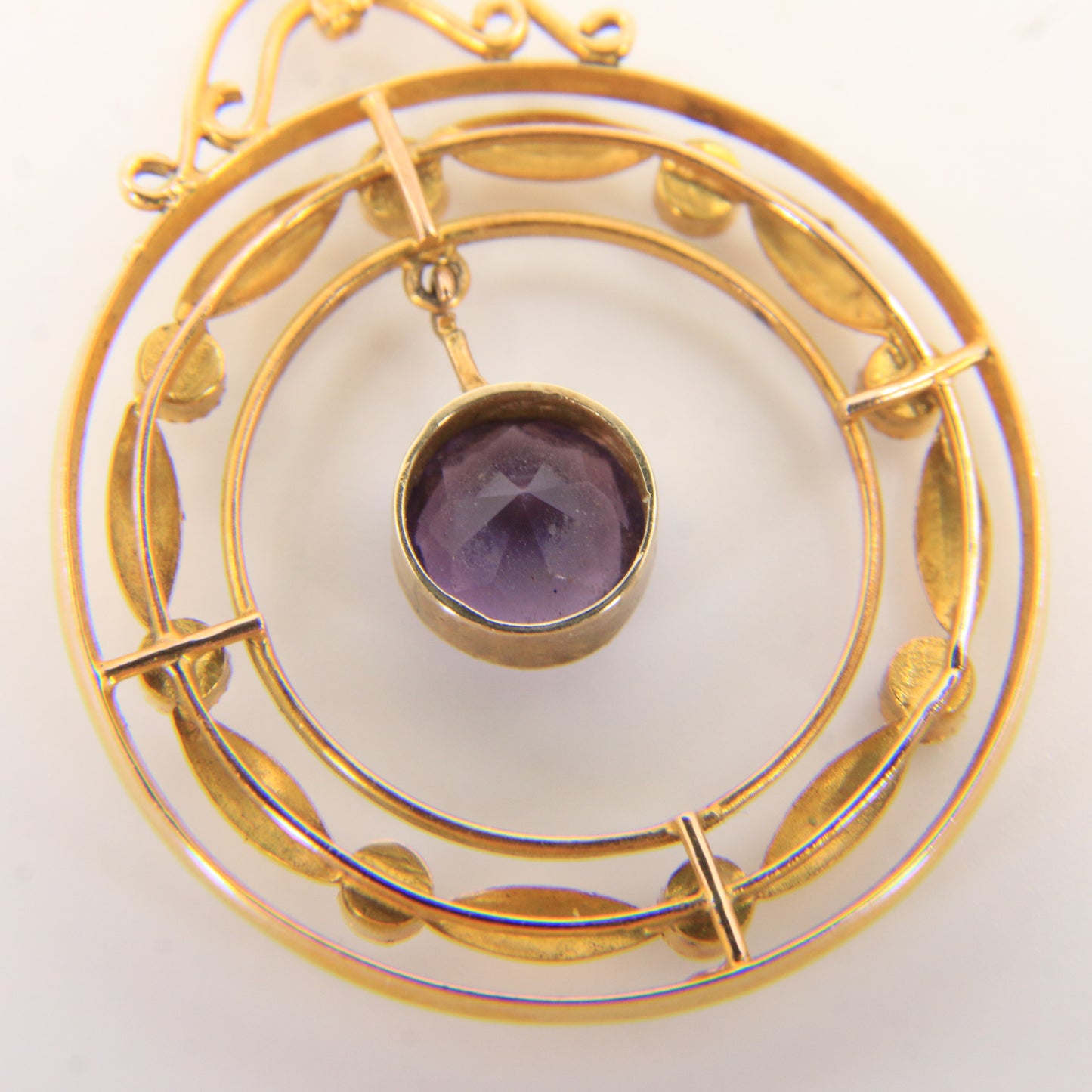 Antique 9ct Gold Edwardian Amethyst Seed Pearl Circle Drop Pendant Charm