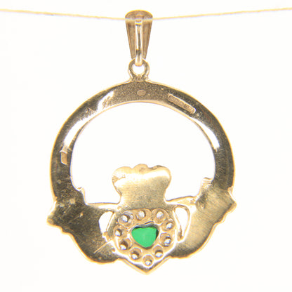 Vintage 9ct Gold Hallmarked Claddagh Pendant CZ & Green Jadeite Heart