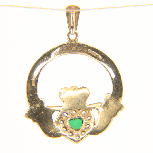 Vintage 9ct Gold Hallmarked Claddagh Pendant CZ & Green Jadeite Heart
