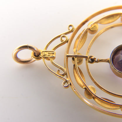 Antique 9ct Gold Edwardian Amethyst Seed Pearl Circle Drop Pendant Charm