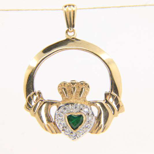 Vintage 9ct Gold Hallmarked Claddagh Pendant CZ & Green Jadeite Heart