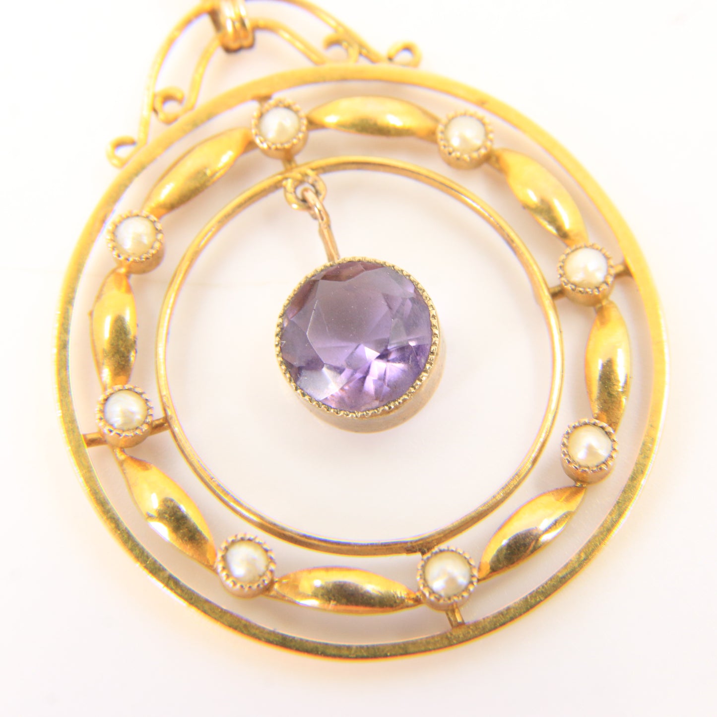 Antique 9ct Gold Edwardian Amethyst Seed Pearl Circle Drop Pendant Charm