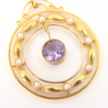 Antique 9ct Gold Edwardian Amethyst Seed Pearl Circle Drop Pendant Charm