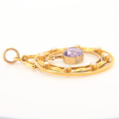 Antique 9ct Gold Edwardian Amethyst Seed Pearl Circle Drop Pendant Charm
