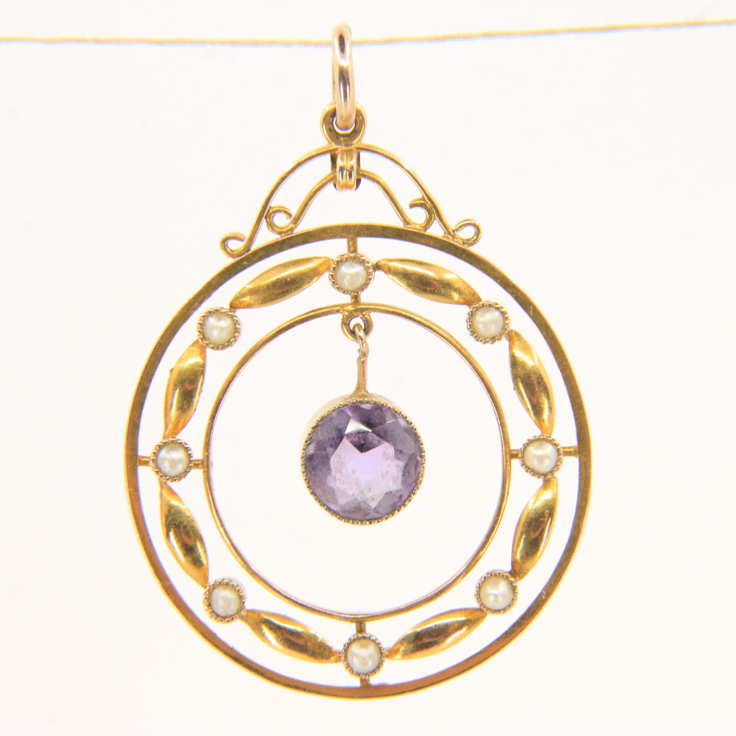 Antique 9ct Gold Edwardian Amethyst Seed Pearl Circle Drop Pendant Charm