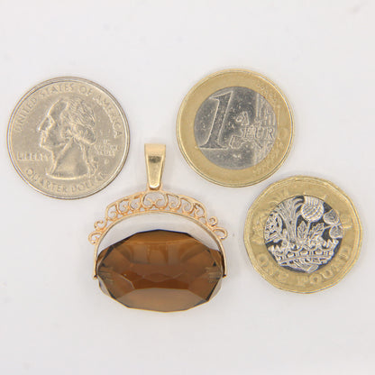 Vintage 9ct Hallmarked Yellow Gold Smokey Quartz Spinner Pendant Ornate Charm