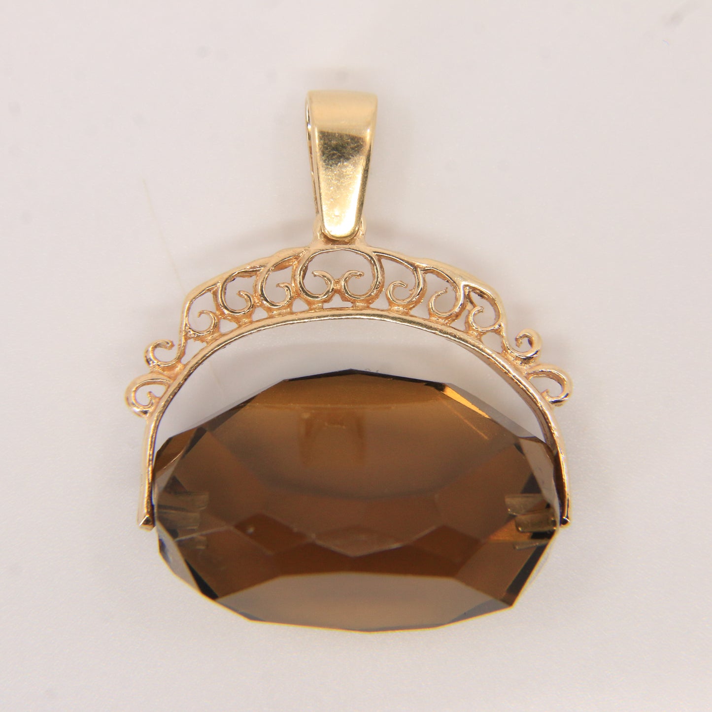 Vintage 9ct Hallmarked Yellow Gold Smokey Quartz Spinner Pendant Ornate Charm