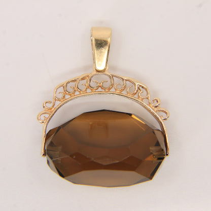 Vintage 9ct Hallmarked Yellow Gold Smokey Quartz Spinner Pendant Ornate Charm