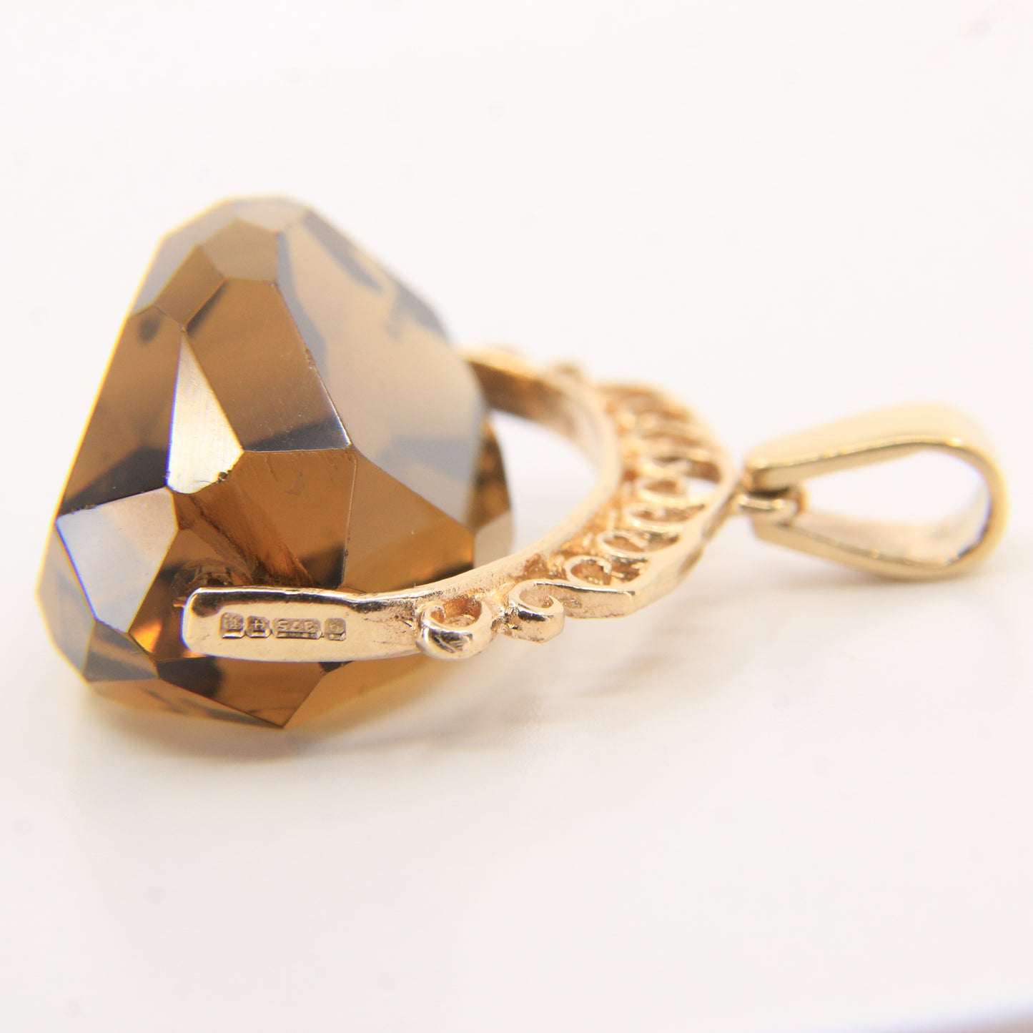 Vintage 9ct Hallmarked Yellow Gold Smokey Quartz Spinner Pendant Ornate Charm