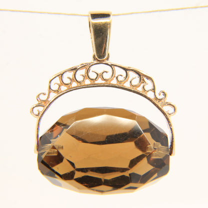Vintage 9ct Hallmarked Yellow Gold Smokey Quartz Spinner Pendant Ornate Charm