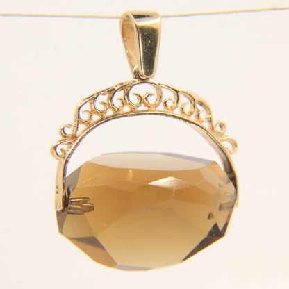 Vintage 9ct Hallmarked Yellow Gold Smokey Quartz Spinner Pendant Ornate Charm