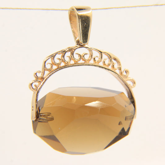 Vintage 9ct Hallmarked Yellow Gold Smokey Quartz Spinner Pendant Ornate Charm